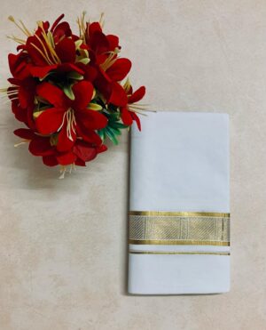 Men's Classic White Kasavu Dhoti with Diagonal Zari Border
