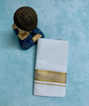 Men's Traditional Kerala Dhoti with Gold Peacock Motif Zari