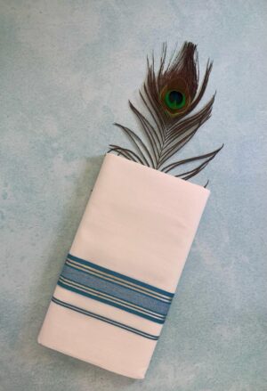 Kerala Mundu with Blue and White Stripes – Cool and Elegant