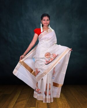 Copper Lines with Digital Print Kathakali Boat Design Cotton Tissue Saree