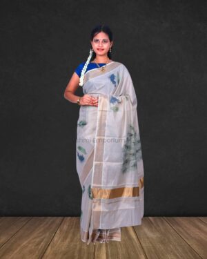 Copper with Small Peacock Digital Print Cotton Tissue Saree