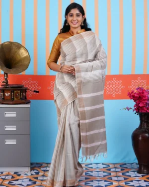 Handloom Rainbow Stripe Jute Cotton Saree with Golden Blouse