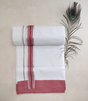Men’s Kerala Mundu with Maroon & Silver Border – Ethnic Touch