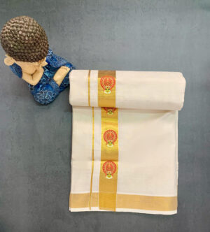 Men's Classic White Kasavu Dhoti with Elegant Chevron Pattern