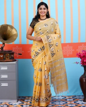 Silver Printed Jute Cotton Handloom Saree in Mustard Yellow with Black Blouse