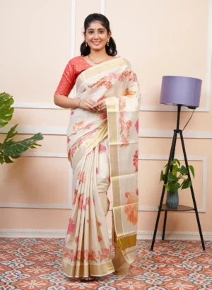 Elegant Kerala Digital Floral Print Saree with Golden Border