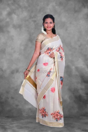 BCH Gold with Digital Print Flower Cotton Tissue Saree