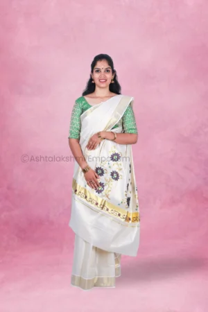 Golden Border with Embroidery Design Cotton Tissue Saree