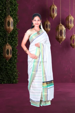 White with Multi Colour Lines Cotton Saree