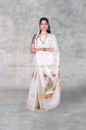 Copper with Peacock Design Embroidery Cotton Tissue Saree