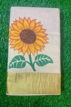 Sunflower Printed Kerala Cotton Saree(Gold).