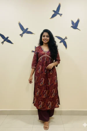 Maroon Roman Silk Anarkali Set