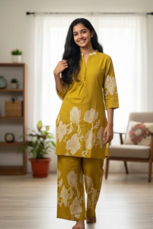Mustard Floral Cotton Short Kurti (Top Only)