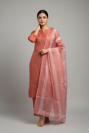 Elegant Taj Silk-Cotton Suit with Kota Doriya Dupatta