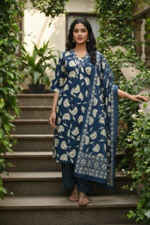 High-Quality Cotton Print A-Line Suit Set