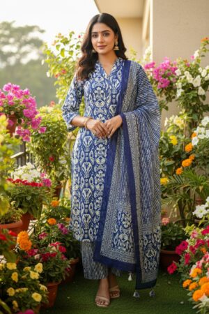Indigo Block Print Pure Cotton Suit