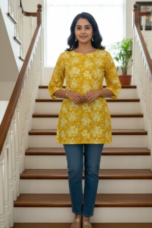 Mustard Floral Cotton Short Kurti (Top Only)