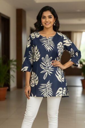 Indigo Tropical Leaf Cotton Short Kurti (Top Only)