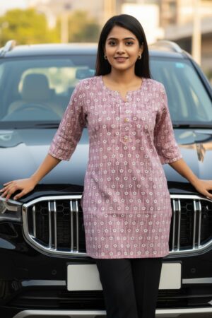 Mauve Floral Stripe Cotton Short Kurti (Top Only)