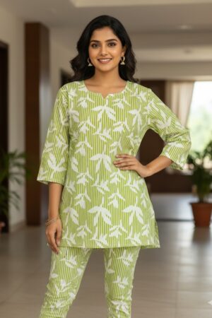 Lime Green Leaf Print Short Kurti (Top Only)