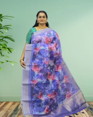 Abstract Floral Crush Organza Block Print Saree