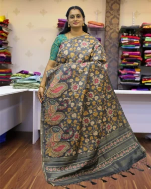 Charcoal Grey Tussar Kalamkari Printed Saree with Peacock Pallu