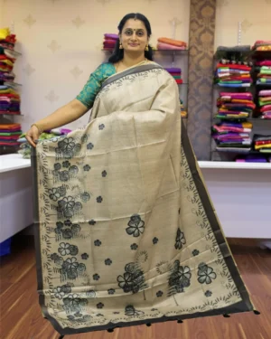 Beige Soft Semi Tussar Saree with Black Floral Block Prints