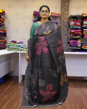 Charcoal Grey Linen Saree with Bold Magenta Floral Digital Prints