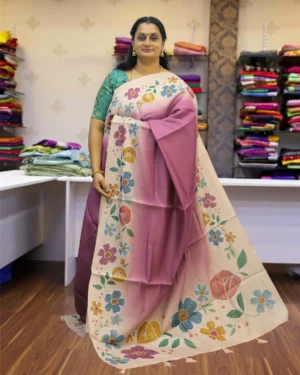 Hand Work Matka Tussar Saree with Floral Scalloped Border