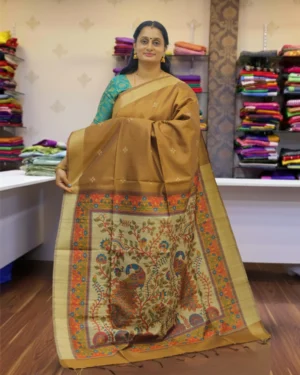 Madhubani Printed Semi Tussar Saree with Peacock Pallu