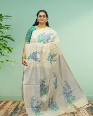 Ivory Chanderi Saree with Blue Floral Prints & Thread Work