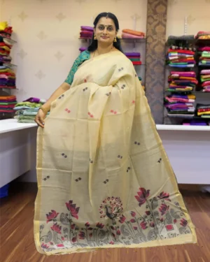 Cream Chanderi Saree with Intricate Peacock and Lotus Embroidery