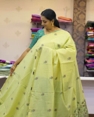 Lime Yellow Chanderi Saree with Floral Embroidery & Leaf Border