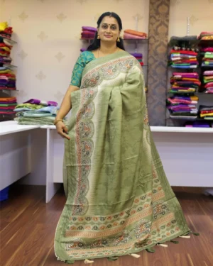 Olive Green Fabilon Print Tussar Saree with Traditional Kalamkari Borders