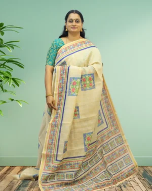 German Print Chanderi Saree with Floral Box Motifs