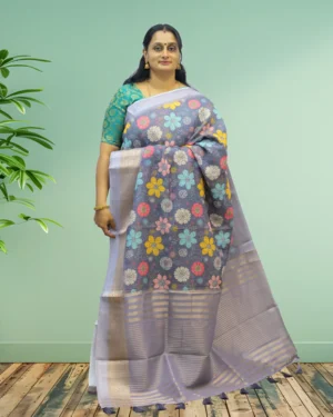 Grey Linen Cotton Saree with Vibrant Floral Digital Prints