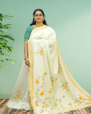 Off-White Pure Tussar Silk Saree with Yellow Floral Digital Prints