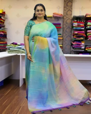 Pastel Rainbow Korean Silk Saree with Gold Gutta Work
