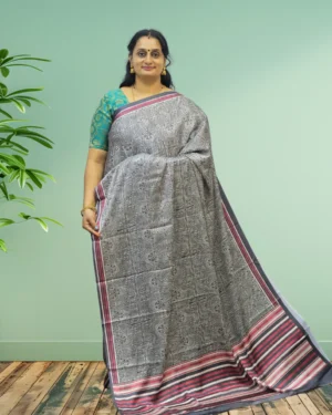 Ajrakh Printed Grape Silk Saree with Floral Butta