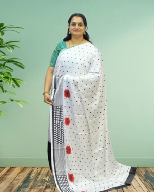 Ajrakh Printed White Grape Silk Saree with Polka Dots and Floral Border